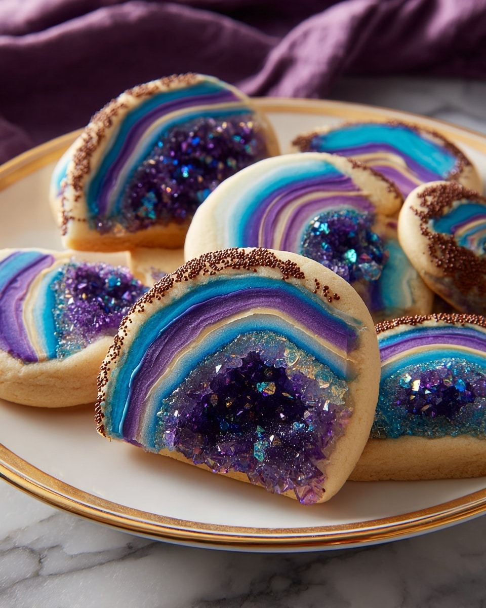 The image shows several round cookies on a white plate with a gold rim, placed on a white marbled surface. Each cookie has multiple layers starting with a light beige outer layer, followed by concentric rings in dark purple, cream, and blue tones, creating a geode-like pattern. The center of each cookie is filled with shiny, crystalline purple sugar pieces resembling crystals or gems. One edge of every cookie is decorated with small dark purple and blue sprinkles. The cookies have a smooth texture with the shiny crystals adding a rough, sparkling surface in the center. photo taken with an iphone --ar 4:5 --v 7