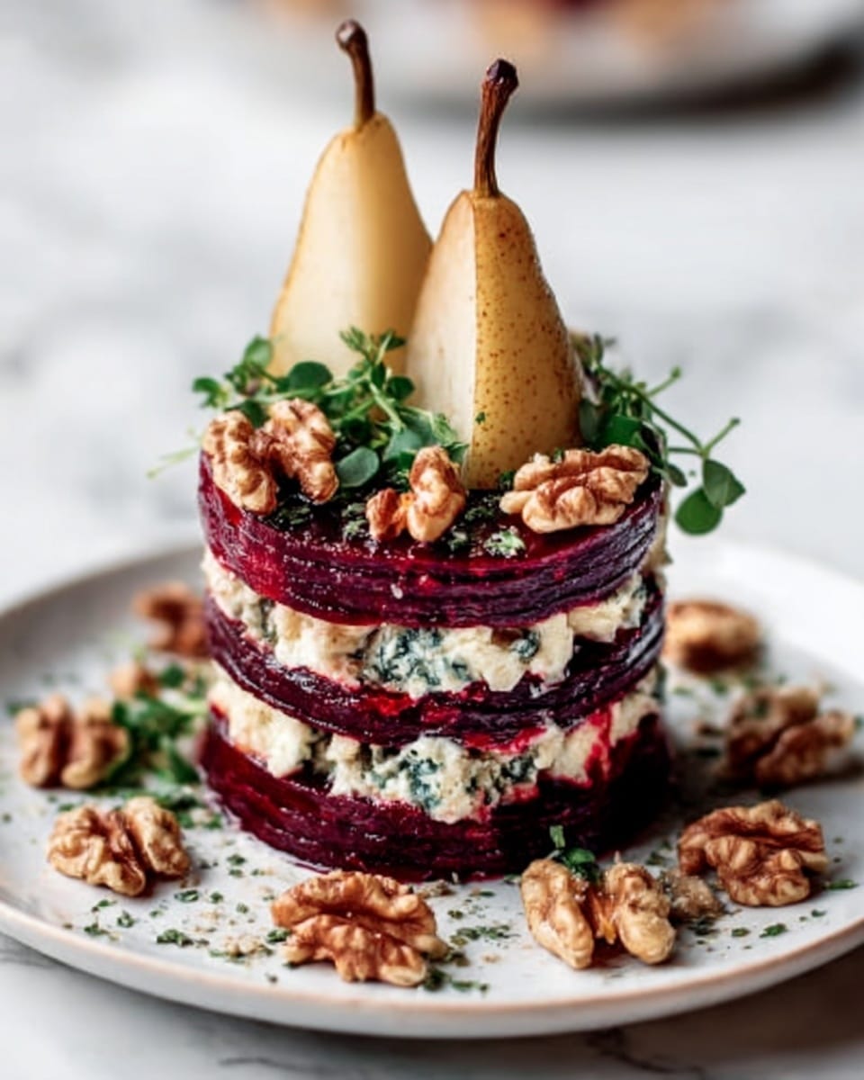 The image shows a tall, stacked dessert with four visible layers. Each layer alternates between a creamy white layer with blue cheese texture and a dark red, smooth beet layer. The top is decorated with three pear halves standing upright, their pale yellow skin lightly browned, and small green herbs on top. Around the base and on the top, there are scattered walnuts with a rough texture and warm brown color. The dish is set on a white plate on a white marbled surface. photo taken with an iphone --ar 4:5 --v 7