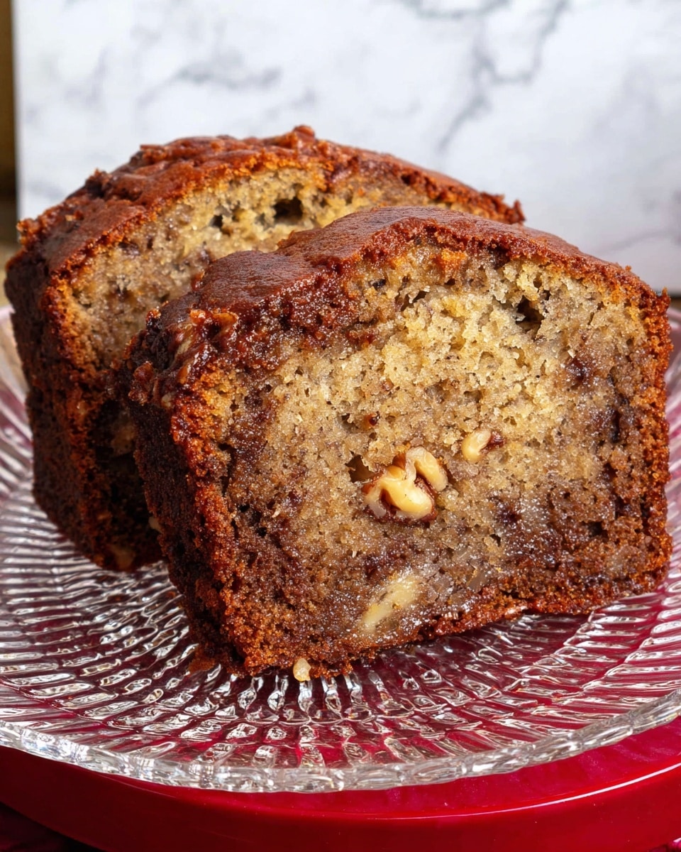 The image shows two thick slices of banana bread placed side by side on a clear cut-glass plate, which rests on a red base. The banana bread has a golden brown crust with a moist, dense inside that is light brown with darker spots from baked bananas and nuts scattered throughout. The top surface is slightly cracked and textured, with visible bits of walnut and banana throughout. The bread looks fresh and soft with a rich, home-baked appearance. The background features a white marbled texture. photo taken with an iphone --ar 4:5 --v 7