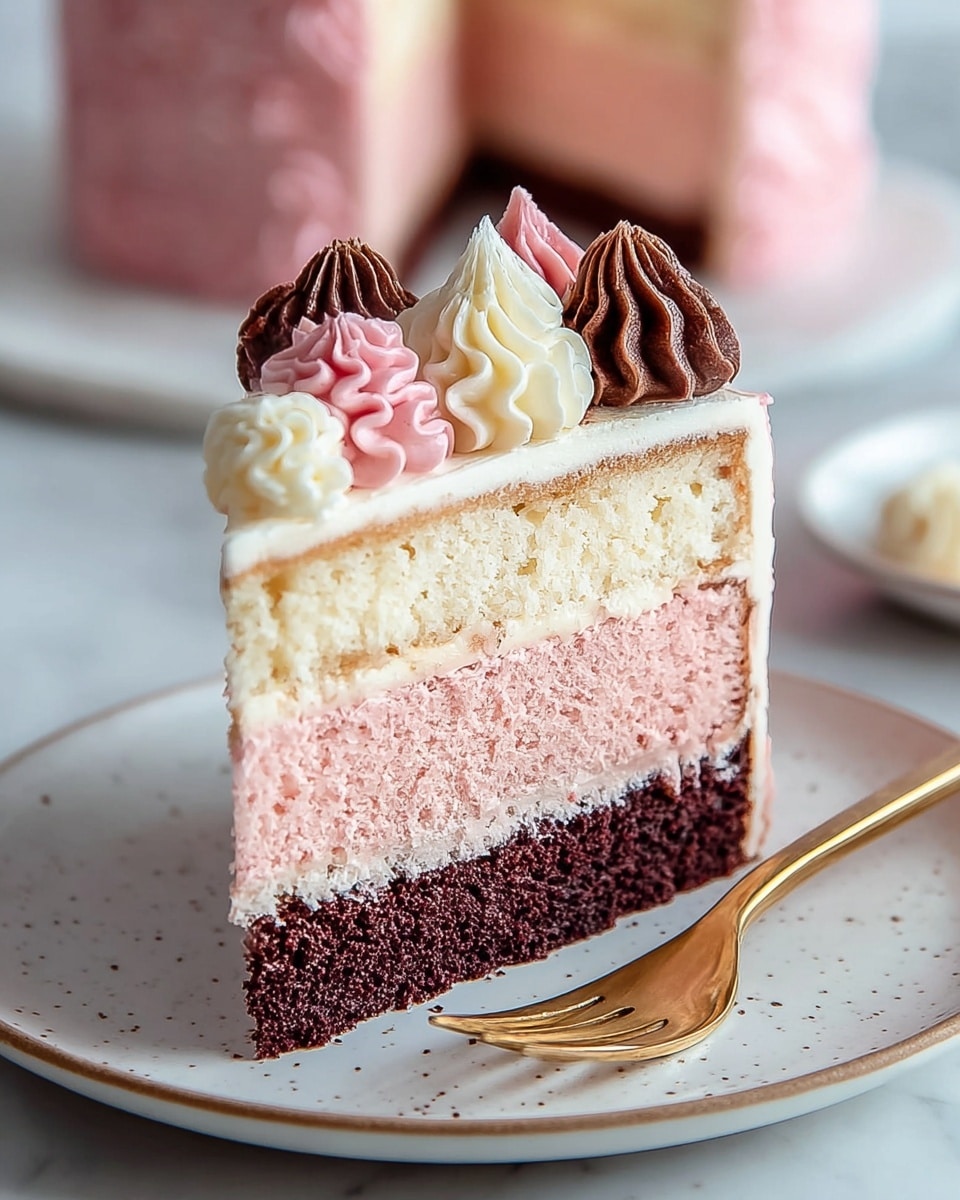 A slice of four-layer cake sits on a white plate with a silver fork beside it. The bottom and second top layers are dark brown chocolate sponge, while the second bottom layer is a light cream color, and the third layer, just above that, is pink cream filling. The top of the cake is covered with smooth white icing, decorated with swirls of pink and white whipped cream on the edge. The cake rests on a white marbled surface, and soft fabric is blurred in the background. Photo taken with an iphone --ar 4:5 --v 7