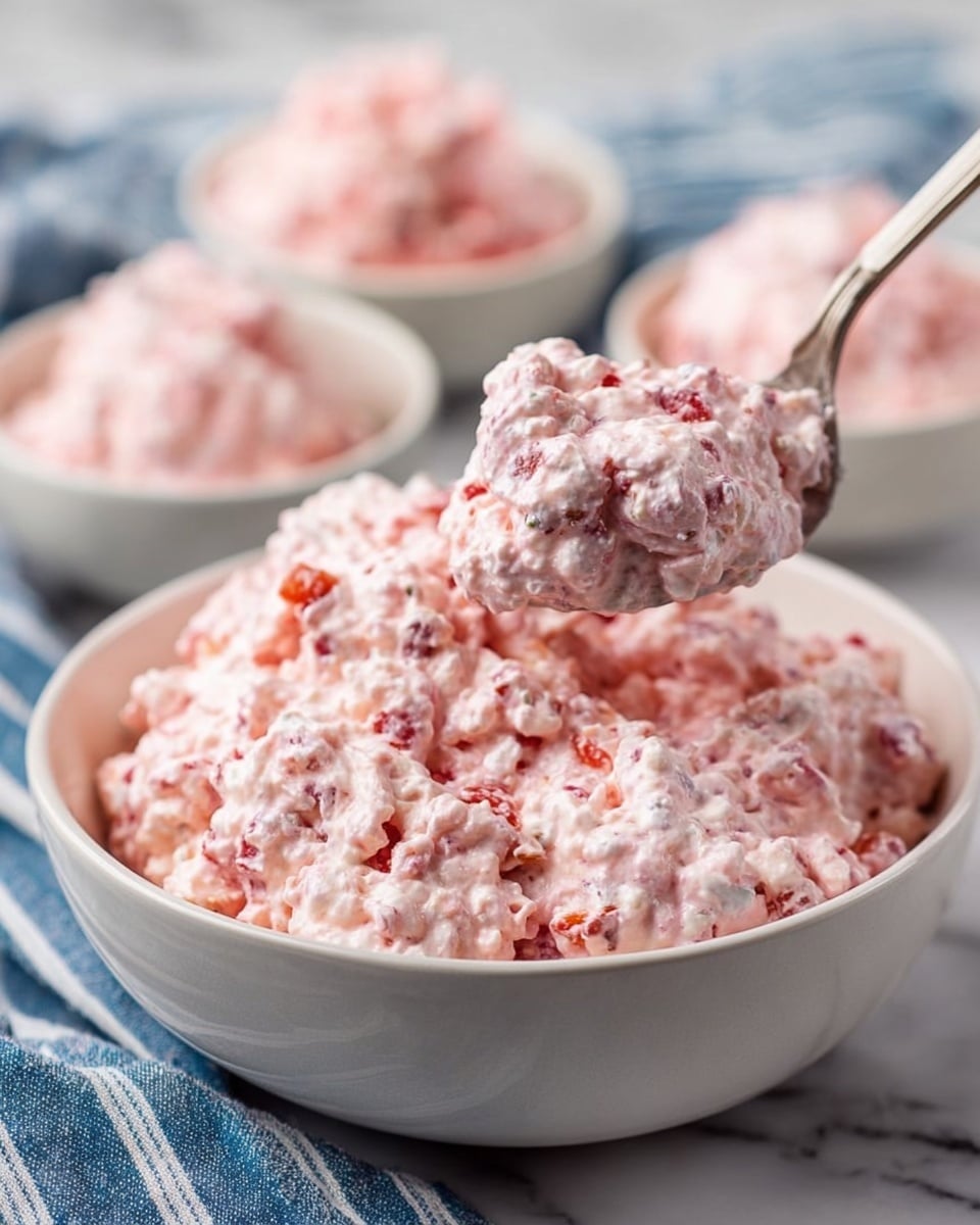 A large white bowl and two smaller white bowls sit on a white marbled surface, filled with a pink, creamy salad made of mini marshmallows, pieces of fruit like grapes and cherries, and a light, fluffy jelly-like dressing. The texture looks soft and chunky, with the salad filling the bowls generously. A silver spoon rests in the large bowl, and a gold spoon is placed inside one smaller bowl next to a striped blue and white cloth. Photo taken with an iphone --ar 4:5 --v 7
