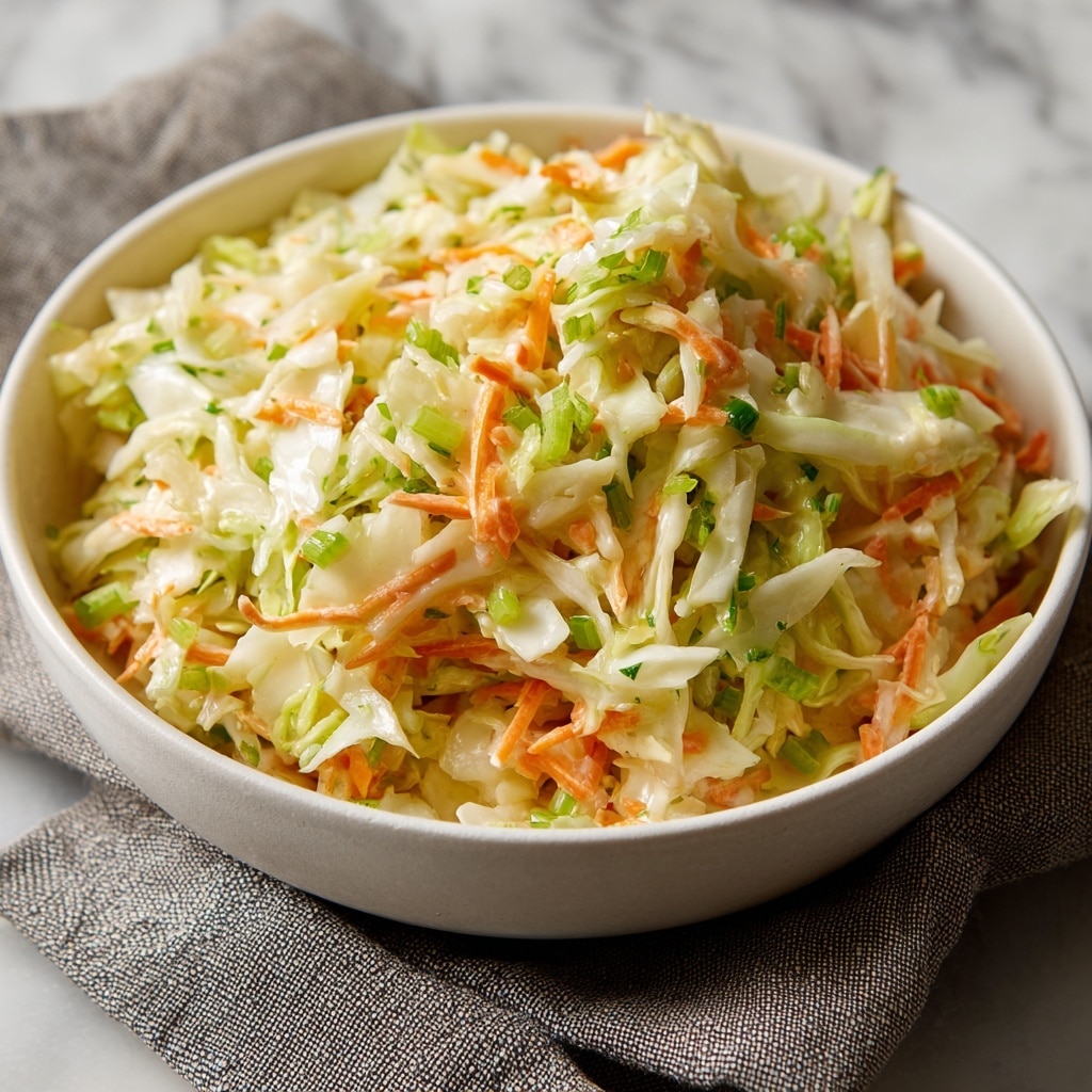 A white bowl filled with coleslaw sits on a gray cloth over a white marbled surface. The coleslaw has three visible layers: the base is light green shredded cabbage, mixed with thin slices of pale white cabbage. The middle layer includes finely grated orange carrots, adding bright color. Small bits of green celery pieces are mixed evenly throughout, adding texture and contrast. The coleslaw looks creamy with a light dressing coating the vegetables. photo taken with an iphone --ar 4:5 --v 7