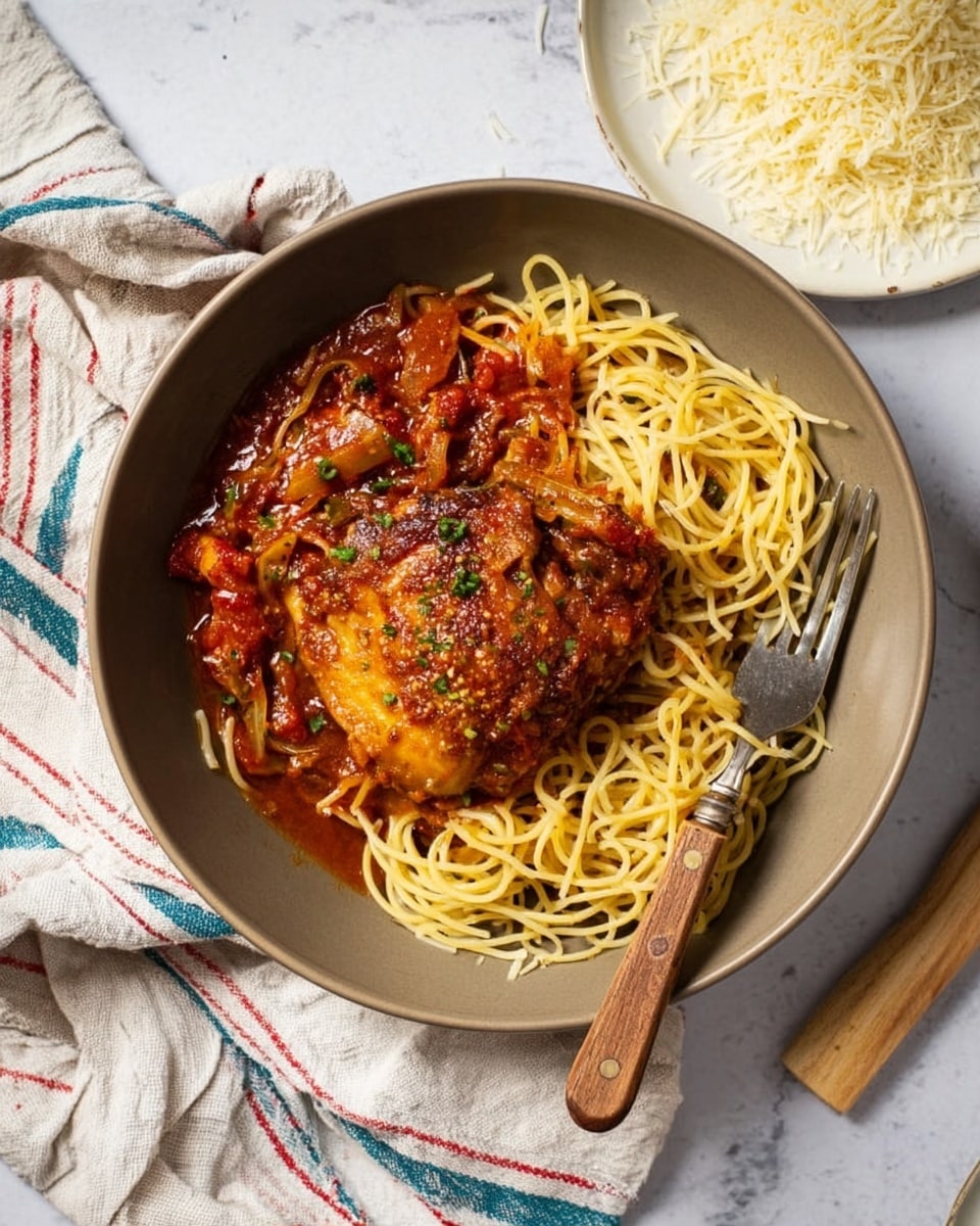 A round grey bowl holds a dish with three layers: the bottom layer is light yellow spaghetti noodles mixed with some sauce and small chopped green herbs, the middle layer is a rich reddish-brown tomato-based sauce with visible chunks of onion and vegetables, and the top layer is a golden-brown cooked chicken thigh with a slightly crispy texture. A fork with a wooden handle is resting on the edge of the bowl, partially touching the noodles. The bowl sits on a white marbled textured surface with a striped cloth napkin underneath it, and to the right, there is a white plate containing a heap of grated cheese. Photo taken with an iphone --ar 4:5 --v 7