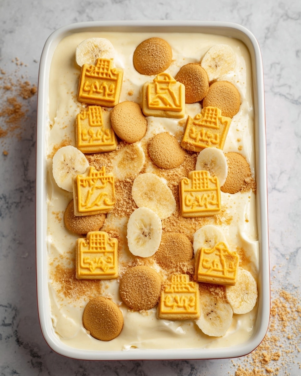 A white rectangular dish filled with a creamy, smooth banana pudding that forms the base layer, topped with a scattered layer of round golden vanilla wafer cookies and sliced banana pieces, showing a soft pale yellow color with a slightly moist texture. On top, there are square vanilla wafers decorated with chess-like symbols in a bright yellow, placed upright across the dish, creating a visually interesting pattern. Some crushed wafer crumbs are sprinkled lightly over the surface. The dish sits on a white marbled texture background. Photo taken with an iphone --ar 4:5 --v 7