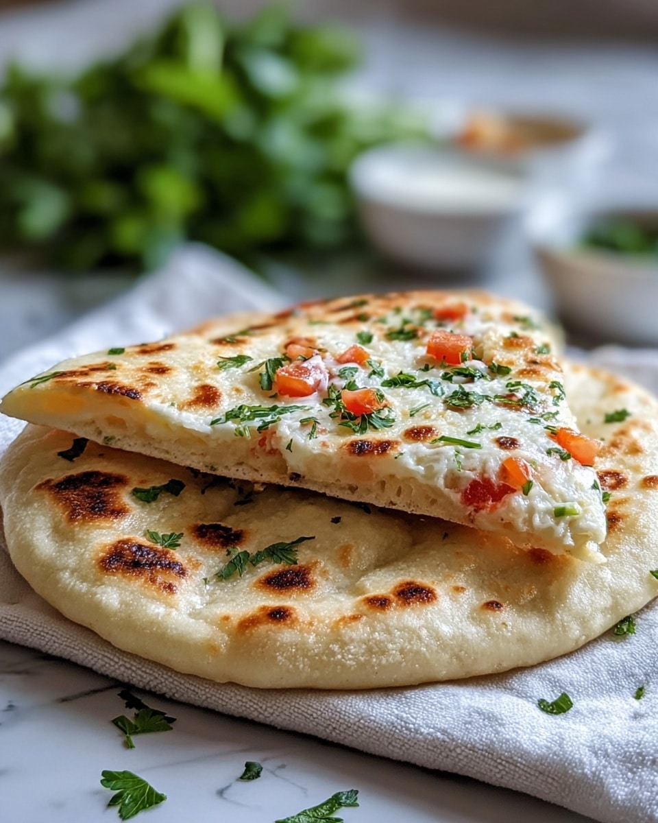 Two pieces of flatbread stacked slightly uneven on a soft white cloth, showing the top piece cut into a triangle. The flatbreads are golden with toasted brown spots, topped with melted creamy white cheese, small bright red tomato cubes, and fresh green parsley scattered evenly. The crust is soft and lightly browned at the edges. In the blurred background, there is fresh green leafy herbs and white bowls on a white marbled surface. photo taken with an iphone --ar 4:5 --v 7