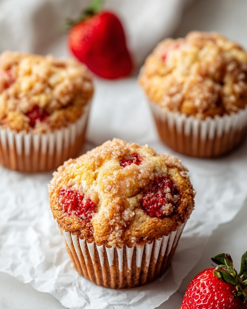 Three golden brown strawberry muffins in white paper cups sit on crinkled white parchment paper over a white marbled surface. Each muffin is topped with a crumbly sugar glaze sprinkled over juicy red strawberry pieces embedded in the muffin top, adding texture and color contrast. In the background, two fresh red strawberries with green leafy tops are placed, enhancing the visual freshness of the scene. The light is soft and natural, highlighting the crumbly texture and warm tones of the muffins. photo taken with an iphone --ar 4:5 --v 7