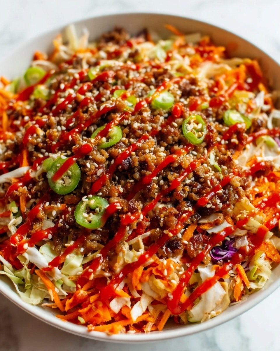 A white bowl filled with a mixed dish featuring four visible layers: the bottom layer is a light mix of cooked cabbage with a soft texture, the second layer contains finely cooked ground meat in brown color scattered evenly, the third layer shows thin orange carrot pieces and small green sliced scallions sprinkled all over, and the top layer consists of a bright red sauce drizzled on top with white sesame seeds scattered throughout. The bowl rests on a black plate on a white marbled surface, with a beige cloth napkin nearby and half a squeezed lime and green onion stalks in the background. Photo taken with an iphone --ar 4:5 --v 7