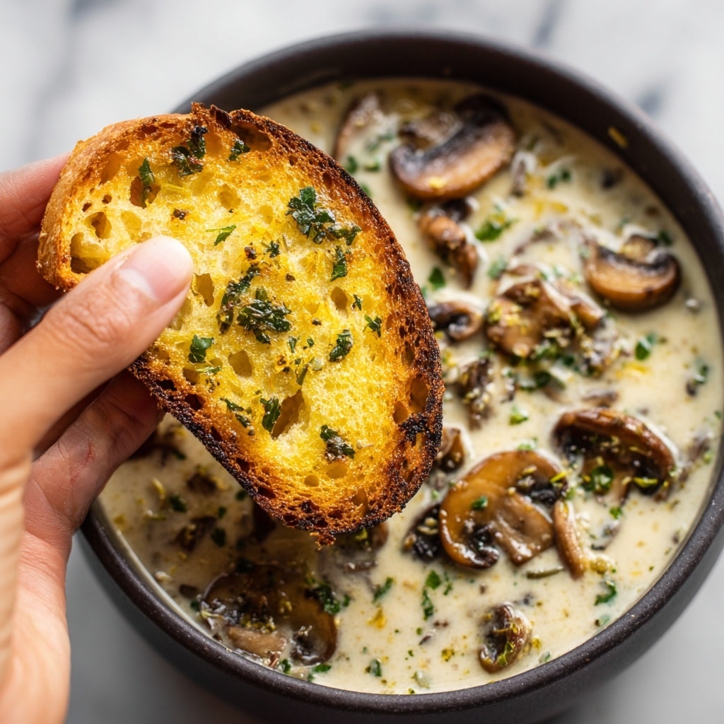 The image shows a close-up view of creamy mushroom soup with a thick, light beige base. Several large slices of brown and white mushrooms float on the surface, with small specks of black pepper and green parsley scattered throughout. The soup has a smooth texture with visible chunks of onions and mushrooms. A shiny stainless steel ladle lifts a portion of the soup, capturing the rich, creamy consistency and herbs on top. The scene is set against a white marbled texture surface. photo taken with an iphone --ar 4:5 --v 7