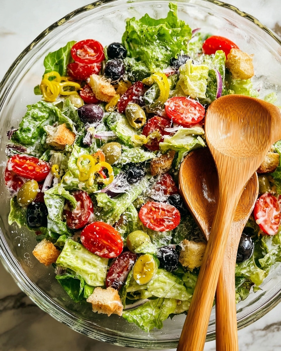 A fresh salad in a clear glass bowl with green leafy lettuce as the base layer, topped with bright red tomato slices, dark black olives, yellow pepperoncini peppers, and golden brown croutons scattered evenly throughout. The salad is lightly sprinkled with white grated cheese and drizzled with a creamy dressing, giving a slightly glossy look. Two smooth, light wooden salad spoons rest on top near the right side. The bowl is placed on a white marbled surface. photo taken with an iphone --ar 4:5 --v 7