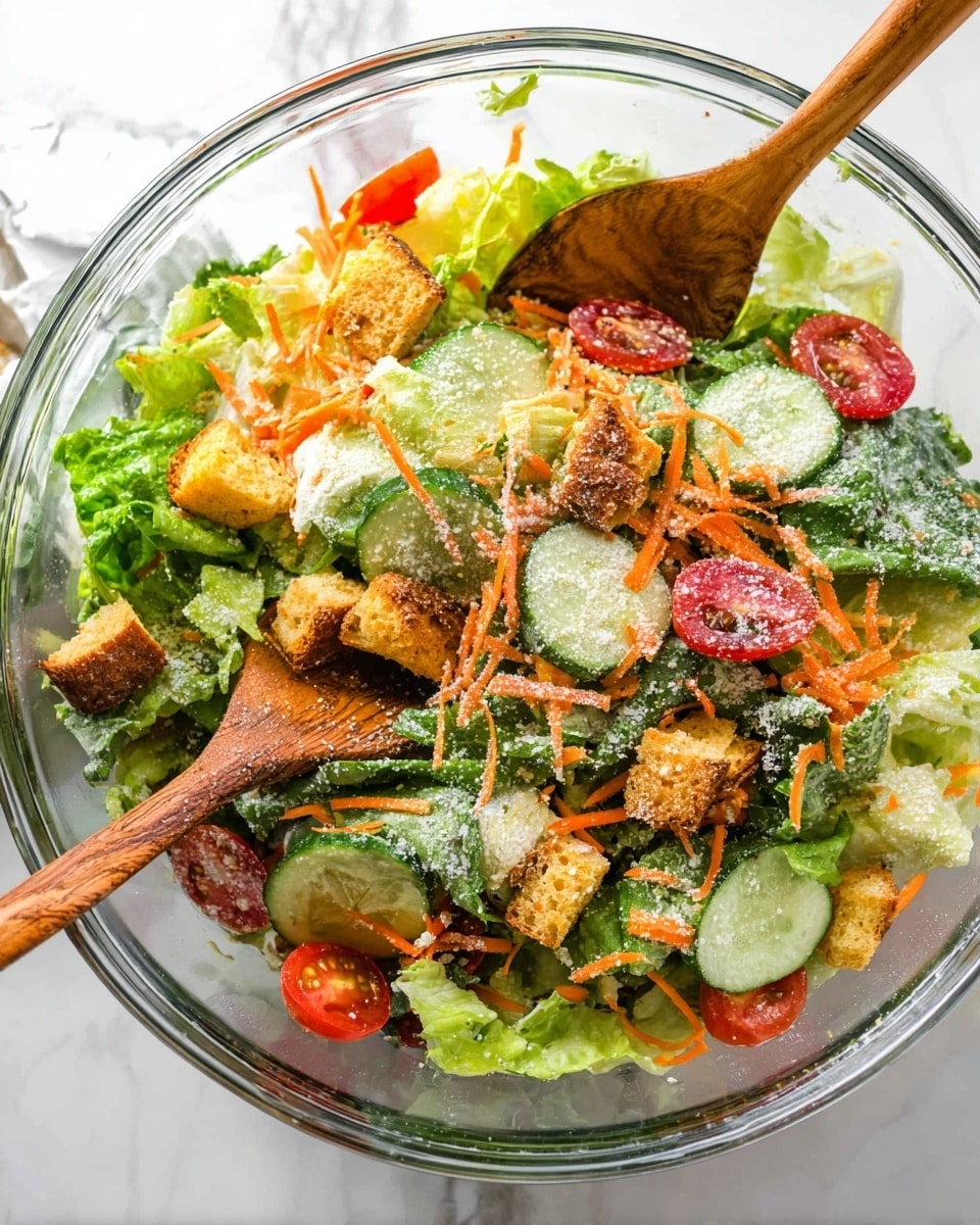 A clear glass bowl filled with a fresh mixed salad showing about five layers: at the bottom, different types of green lettuce leaves; on top, sliced dark green cucumber pieces and halved bright red cherry tomatoes; orange shredded carrots sprinkled over the salad; small pieces of golden brown croutons scattered in the mix; and a light dusting of grated cheese on the top. Two wooden salad spoons rest inside the bowl, stirring the salad, all placed on a white marbled surface. Photo taken with an iphone --ar 4:5 --v 7