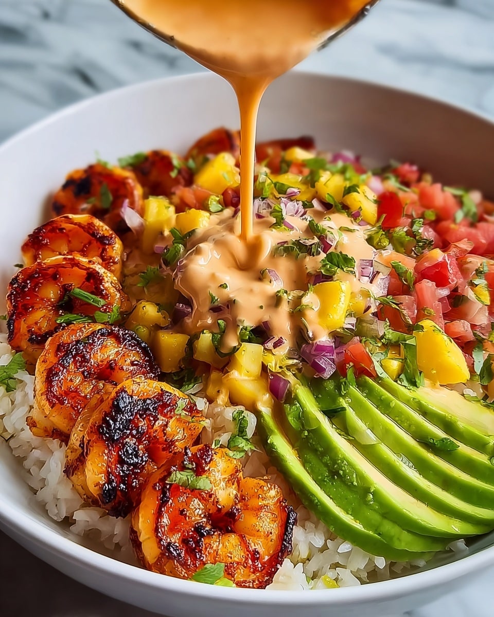 A white bowl filled with three layers: at the bottom, a bed of white rice; on top of the rice, a generous scoop of bright yellow mango salsa mixed with green herbs, red onion, and red pepper pieces; on one side, neatly arranged slices of smooth, light green avocado; and covering the other side, a row of grilled shrimp with a charred, deep reddish-brown color. In the background, two lime halves and a small bowl of creamy orange sauce sit on a white marbled surface. photo taken with an iphone --ar 4:5 --v 7