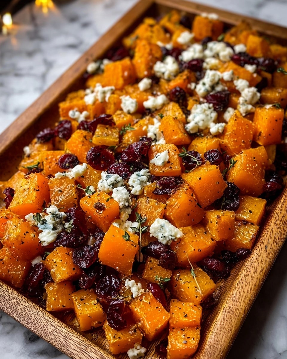 The image shows a wooden tray lined with parchment paper, filled with roasted orange butternut squash cubes that have a slight char and seasoning visible on their surface. Scattered throughout the squash are small, dark red dried cranberries adding contrast, and crumbled white and blue-veined cheese pieces giving a creamy texture. Tiny green herb sprigs are sprinkled on top, adding a fresh touch to the warm, colorful dish. The tray is placed on a white marbled surface with a warm, softly lit background. photo taken with an iphone --ar 4:5 --v 7