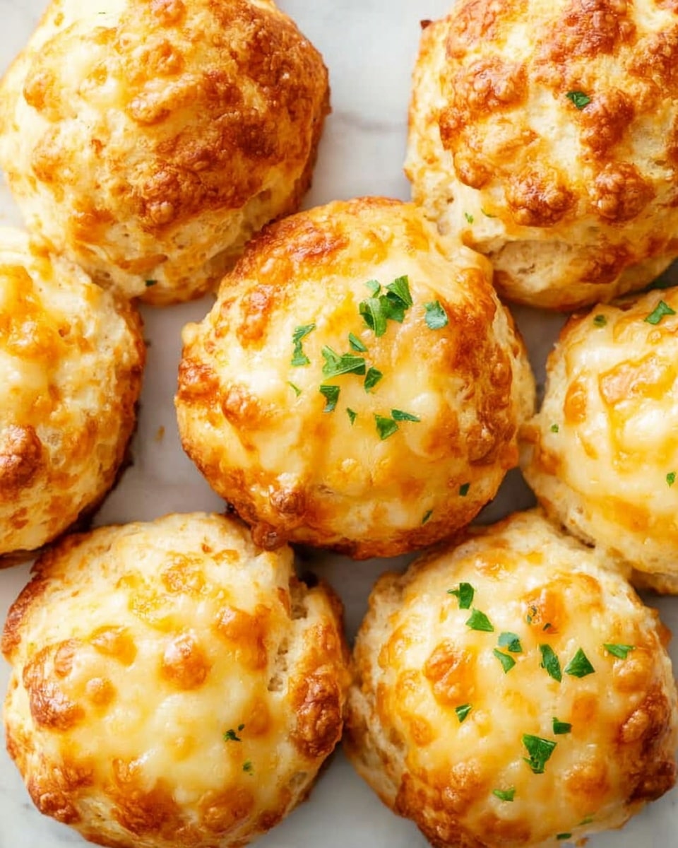 This close-up image shows several round, golden baked cheese biscuits with a slightly rough and crispy texture on the outside. Each biscuit has melted cheese on top, which is shiny and has orange-yellow patches, mixed with a creamy white cheese layer underneath. Small pieces of green herbs are sprinkled on top, adding a fresh touch. The biscuits are placed on a white marbled surface, making the warm colors of the cheese stand out beautifully. Photo taken with an iphone --ar 4:5 --v 7