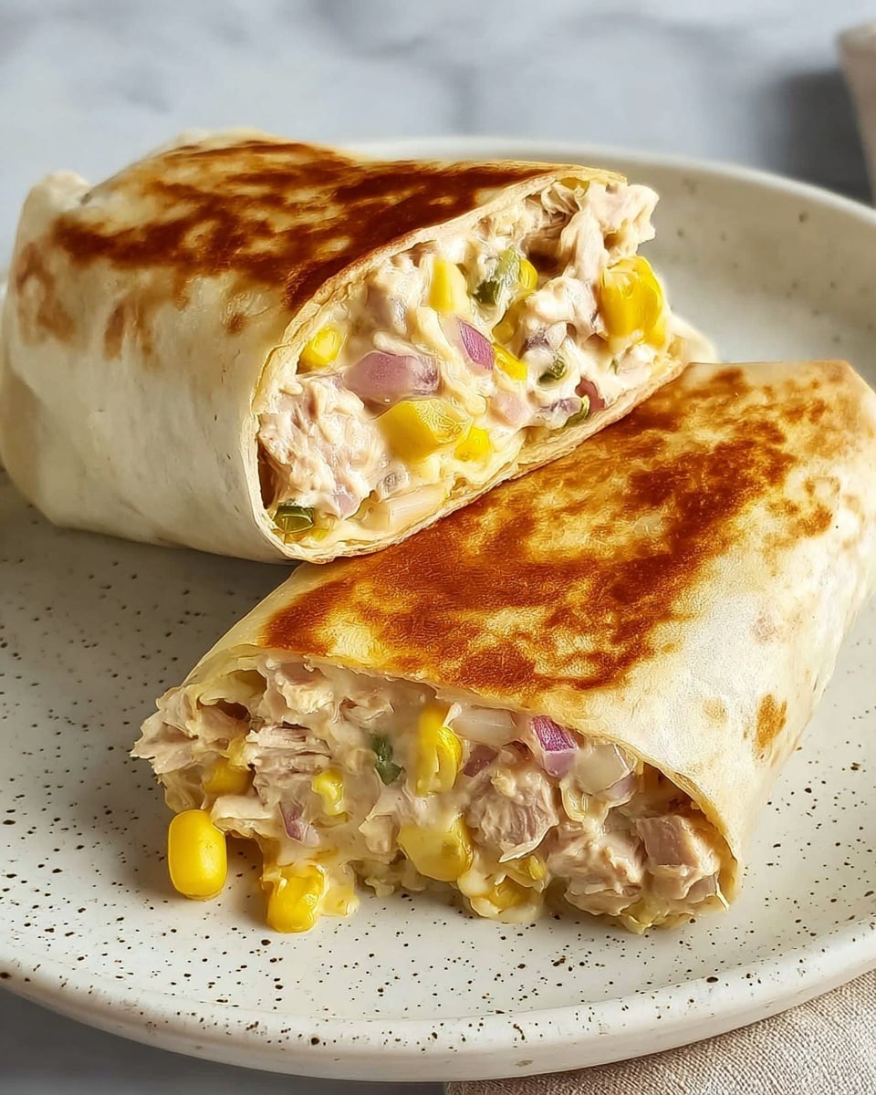 A close-up of a white plate with two pieces of toasted flatbread sandwiches, each cut in half, revealing three layers inside: a golden brown crispy outer layer, a thick creamy filling mixed with visible yellow corn kernels, small bits of purple onion, and shredded light brown meat, all held by a woman's hand with light skin tone and white painted nails against a white marbled surface. photo taken with an iphone --ar 4:5 --v 7