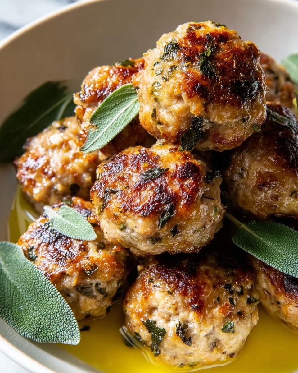 A white bowl is filled with a pile of golden-brown meatballs that have a slightly crispy texture on the outside with bits of green herbs mixed through. The meatballs are coated with some olive oil, giving them a shiny look. Around and under the meatballs, several fresh, textured green leaves are placed, adding a fresh contrast to the warm colors of the meatballs. Some white salt flakes are sprinkled on top of the meatballs, highlighting their crispy surface. The bowl rests on a white marbled surface. photo taken with an iphone --ar 4:5 --v 7