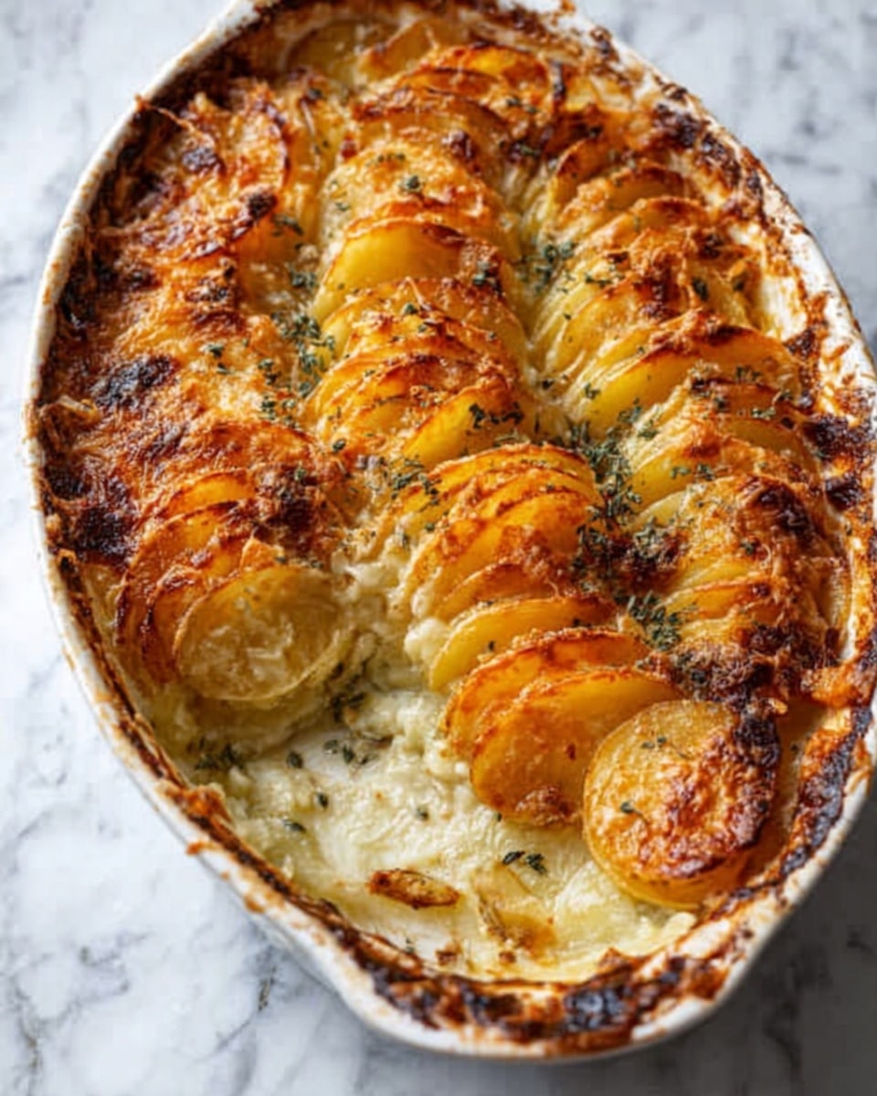 A white oval baking dish filled with a baked potato gratin arranged in a curved shape, consisting of many thin layers of golden-brown potato slices with crispy edges and creamy cheese sauce visible between the layers; the top layer is browned with a mix of melted cheese and herbs sprinkled lightly on the creamy white sauce that bulges slightly beneath the potatoes, resting on a white marbled surface, photo taken with an iphone --ar 4:5 --v 7
