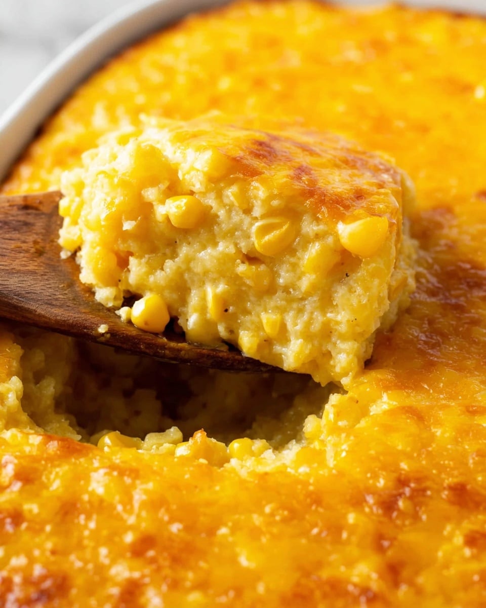 A close-up of a plate with creamy yellow corn pudding, showing a soft, grainy texture mixed with whole corn kernels scattered throughout. The pudding is piled roughly in one main mound on a white plate, with a metal fork with a black handle partially inserted into the top, mixing the pudding. The background features a white marbled surface that softly contrasts with the warm yellow tones of the dish. photo taken with an iphone --ar 4:5 --v 7