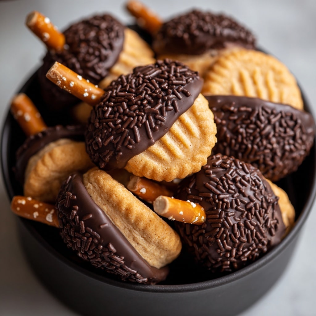 The image shows a close-up of small cookies shaped like acorns, each made of two light brown peanut-shaped cookies with a textured crisscross pattern resembling a peanut shell. The top halves of these cookie sandwiches are dipped in chocolate and covered with dark brown chocolate sprinkles. Small pieces of shiny, light brown pretzel sticks are inserted at the top center of each cookie, mimicking the stem of an acorn. The cookies are placed tightly together inside a black rectangular tray, all set on a white marbled surface. photo taken with an iphone --ar 4:5 --v 7