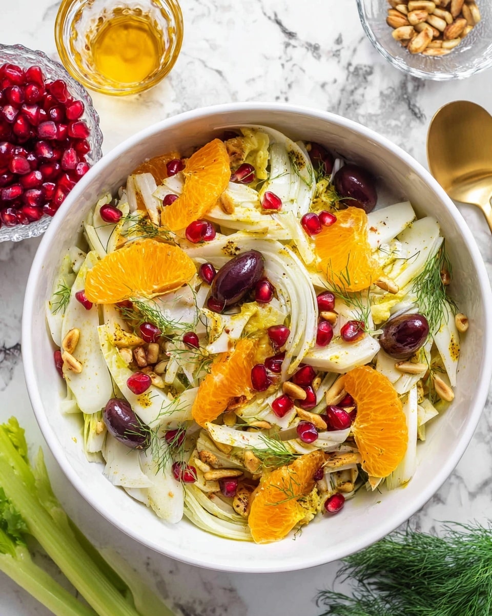 A white shallow bowl filled with a fresh salad showing about four layers: the bottom layer has thin white fennel slices with green dill sprinkled on top, the next layer has bright orange chunks of peeled orange segments, then scattered black olive slices add dark contrast, and the top layer is dotted with shiny red pomegranate seeds and a few light brown pine nuts. The salad looks juicy and colorful with a mix of smooth and slightly rough textures. The bowl is placed on a white marbled surface with part of a glass bowl filled with pomegranate seeds visible on the side. photo taken with an iphone --ar 4:5 --v 7