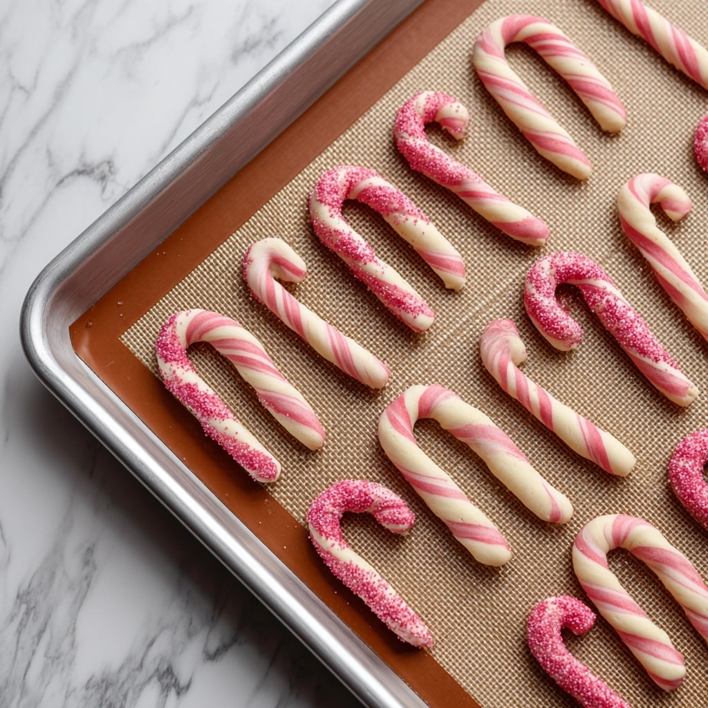 The image shows a metal baking tray lined with a brown silicone baking mat, placed on a white marbled surface. On the tray, there are multiple candy cane-shaped dough pieces arranged in neat rows. Each candy cane has two spiraled layers of dough—one ivory white and the other pink—twisted together. Some of the candy canes are plain while others have a sprinkling of red sugar crystals on top, giving a sparkly texture. The dough looks smooth and slightly glossy, and the candy canes are evenly spaced on the mat. Photo taken with an iphone --ar 4:5 --v 7
