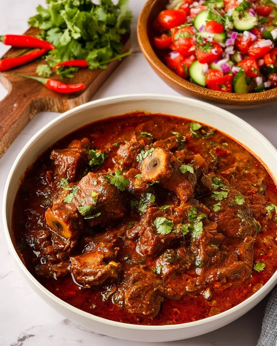 A white pot filled with a rich red-brown stew containing chunks of meat and bones visible in the thick sauce, garnished with green cilantro leaves scattered on top. The texture is glossy and slightly oily with various spices and herbs mixed in. Next to the pot, there is a wooden bowl of colorful fresh salad made with chopped red tomatoes, white onions, green cucumbers, and cilantro. The whole setting sits on a white marbled surface with some red chili peppers and cilantro on a wooden board in the background. photo taken with an iphone --ar 4:5 --v 7