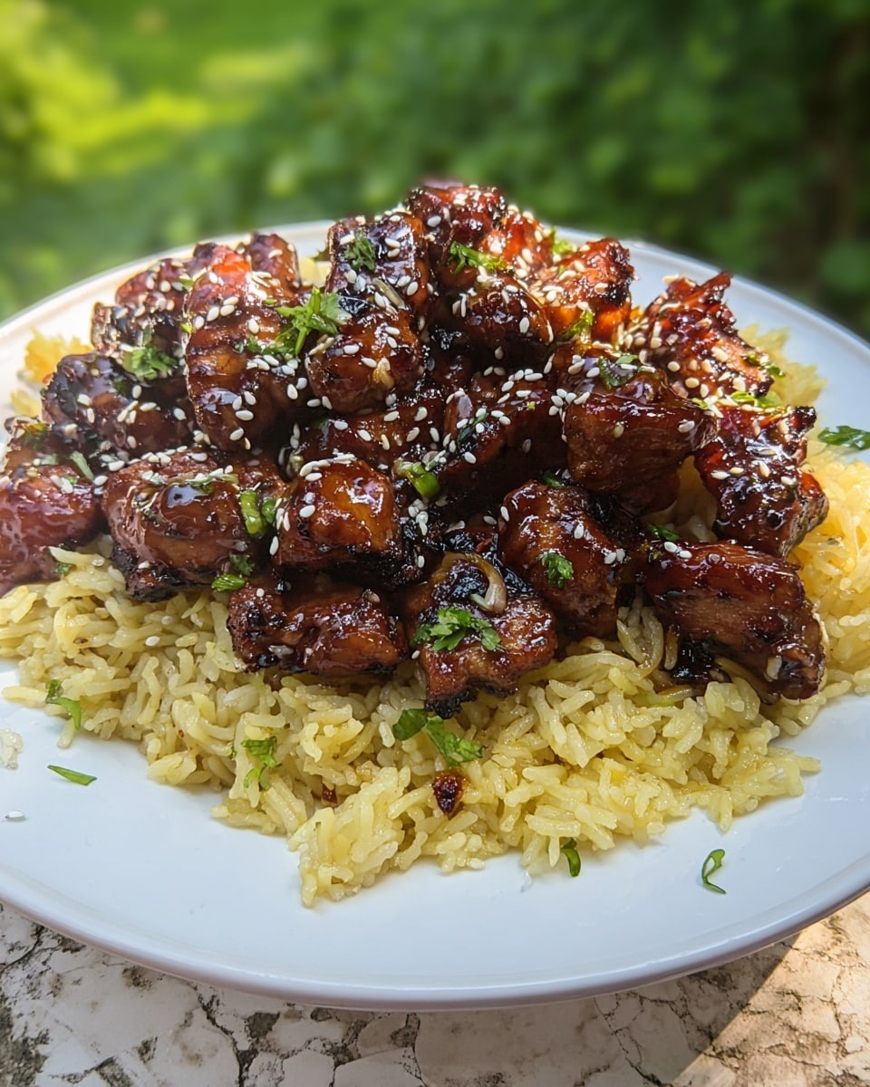 A white plate on a white marbled surface holds two main layers. The bottom layer is yellow rice, soft and fluffy with bits of green herbs mixed in, evenly spread across the plate. On top, there is a thick layer of dark brown grilled chicken pieces, each glistening with sauce and slightly charred, giving a shiny textured look. The chicken is generously sprinkled with white sesame seeds and small green herb flakes, adding contrast and detail to the dish. Photo taken with an iphone --ar 4:5 --v 7