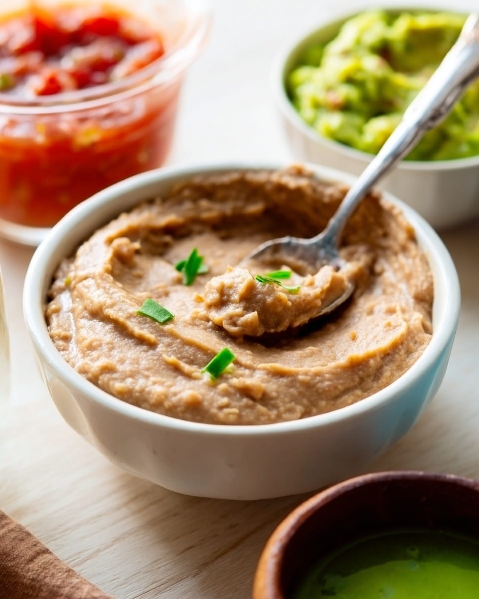 A white bowl filled with smooth, light brown hummus, with a slightly uneven, creamy texture on top and small green herb pieces sprinkled over it. A silver spoon is dipped into the hummus from the left side. The bowl is placed on a light wooden surface, with blurred small bowls visible in the background holding green, red, and light brown sauces or dips. Photo taken with an iphone --ar 4:5 --v 7