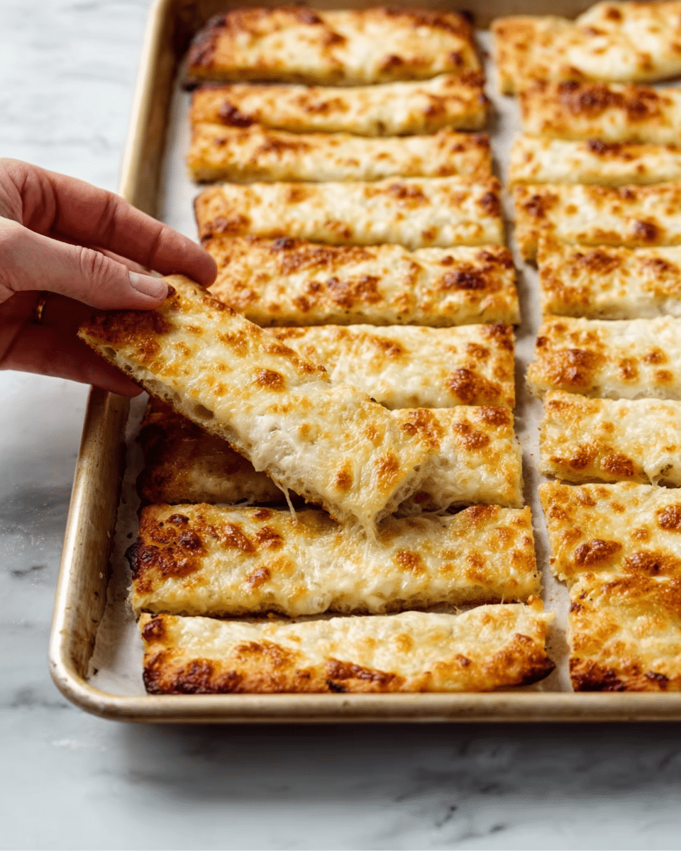 The image shows a tray lined with thin, rectangular breadsticks that are golden brown with a slightly crispy texture. They are sprinkled with herbs and small bits of melted cheese, giving a speckled look on top. On the right side of the tray, two small white ceramic bowls hold dipping sauces: one is bright red with a smooth texture, and the other is creamy white with a flaky salt garnish. A woman's hand holds one breadstick dipping it into the red sauce. The tray rests on a white marbled surface. photo taken with an iphone --ar 4:5 --v 7