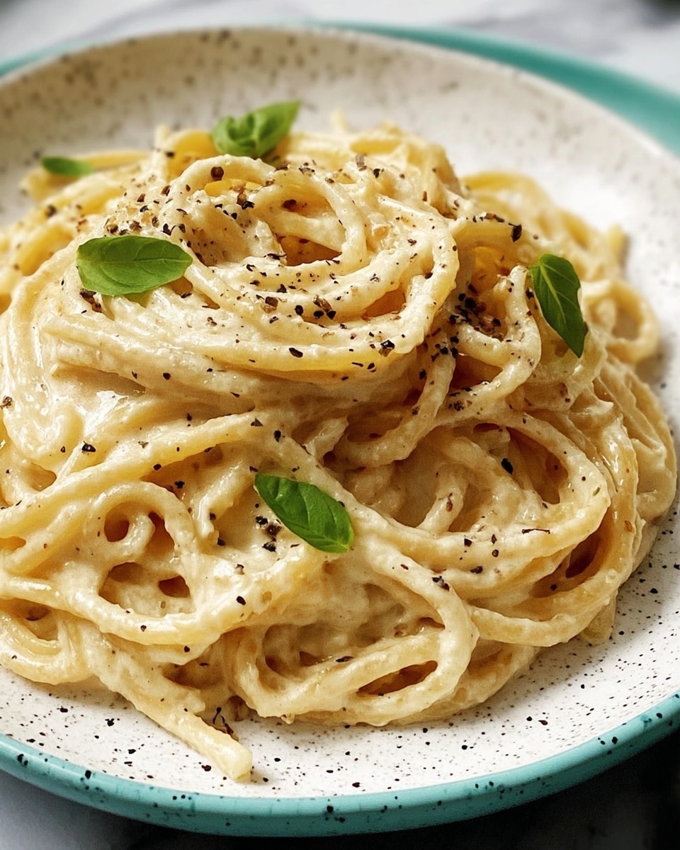 A close-up of creamy spaghetti pasta with a smooth, thick off-white sauce covering the long noodles, sprinkled with small black pepper flakes evenly across the dish, topped with a few fresh green basil leaves. The pasta is piled in one main mound on a white plate with a textured surface. The background shows a soft white marbled texture. Photo taken with an iphone --ar 4:5 --v 7