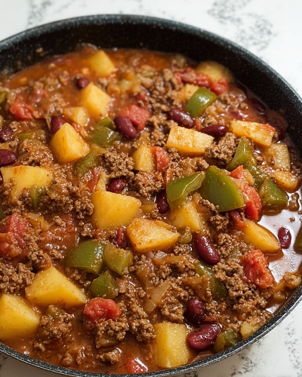 A close-up view of a black pan filled with a stew-like dish showing four main layers: the top layer has small chunks of light yellow potatoes with a slightly crispy edge, mixed with dark green bell pepper pieces, red kidney beans, and tomato chunks, all coated in a thick brownish-red sauce. Below this, there is a mix of cooked ground meat in small granules with a juicy, crumbly texture, scattered evenly through the pan, mingling with translucent diced onions seen in the background. The bottom layers consist of the simmered vegetable and meat sauce with dark reddish-brown broth visible around the edges of the pan, all set on a white marbled surface. photo taken with an iphone --ar 4:5 --v 7