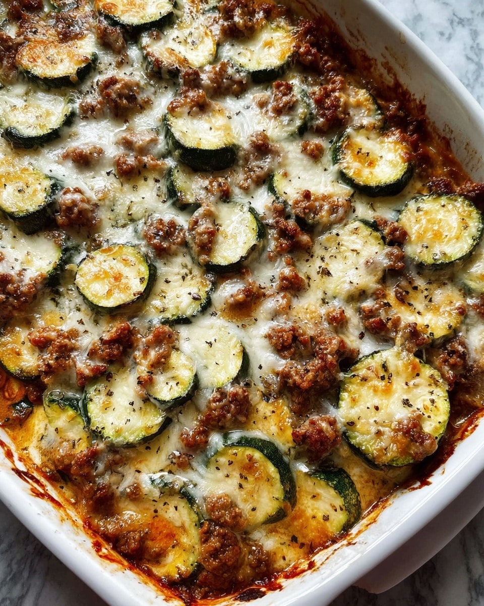 A white baking dish filled with a baked casserole showing multiple layers; the top layer consists of round slices of green zucchini with browned, melted cheese spots, mixed with browned ground meat pieces scattered all over. The cheese looks gooey and slightly crispy in parts, melting over the zucchini and meat. The casserole edges show some browned cheese crust, and seasoning like black pepper is sprinkled lightly on top. The whole dish rests on a white marbled surface. photo taken with an iphone --ar 4:5 --v 7