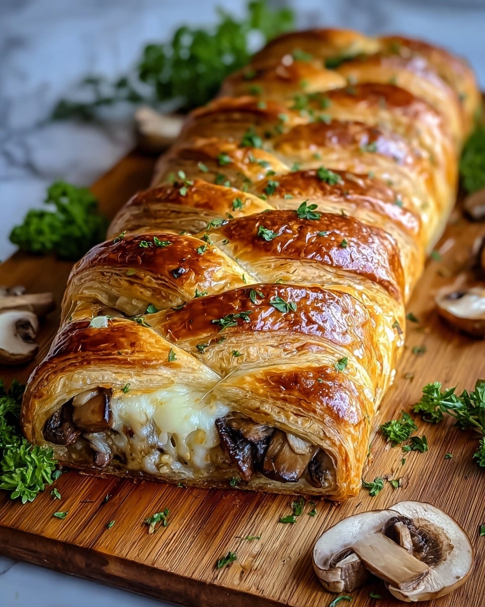 A golden brown puff pastry braid with a shiny, crisp top layer decorated with small green herb leaves, showing visible flaky layers and a braided pattern across the top; inside, a filling of creamy white cheese mixed with sautéed brown mushrooms that have a shiny, cooked texture; the braid is placed on a wooden board with scattered fresh green herbs and sliced mushrooms around it, all set against a white marbled surface; photo taken with an iphone --ar 4:5 --v 7
