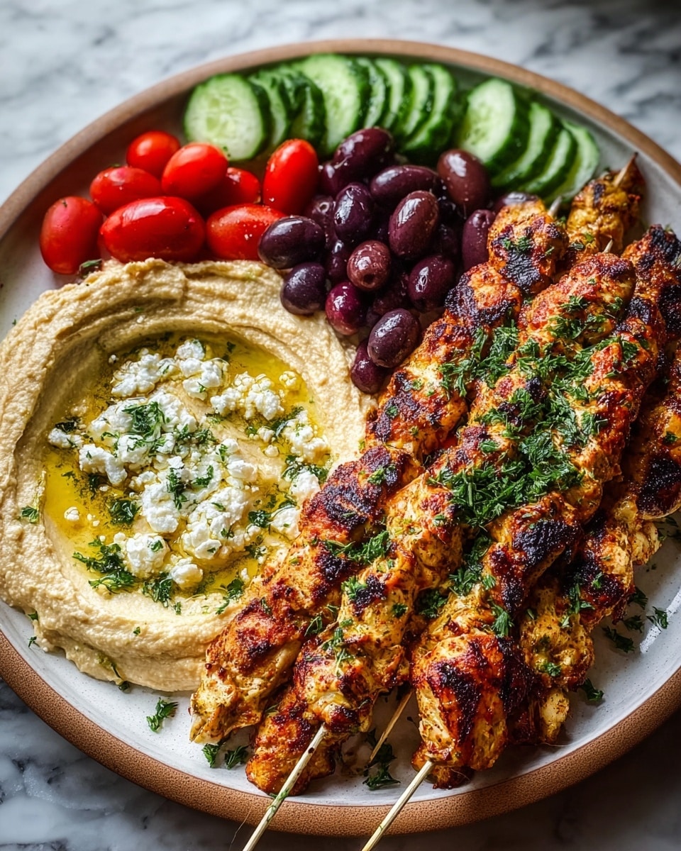The image shows a large round white plate filled with Middle Eastern food, placed on a white marbled texture. On the right side, there are four grilled chicken skewers with a crispy, slightly charred golden-brown exterior, sprinkled with chopped green herbs. To the left of the skewers, there is a thick, creamy layer of light beige hummus, with a small well in the center filled with golden olive oil, crumbled white cheese, and more green herbs on top. Above the hummus, there are small piles of bright red cherry tomatoes, dark purple olives, and fresh green cucumber slices arranged in neat rows, creating a colorful and fresh contrast. photo taken with an iphone --ar 4:5 --v 7