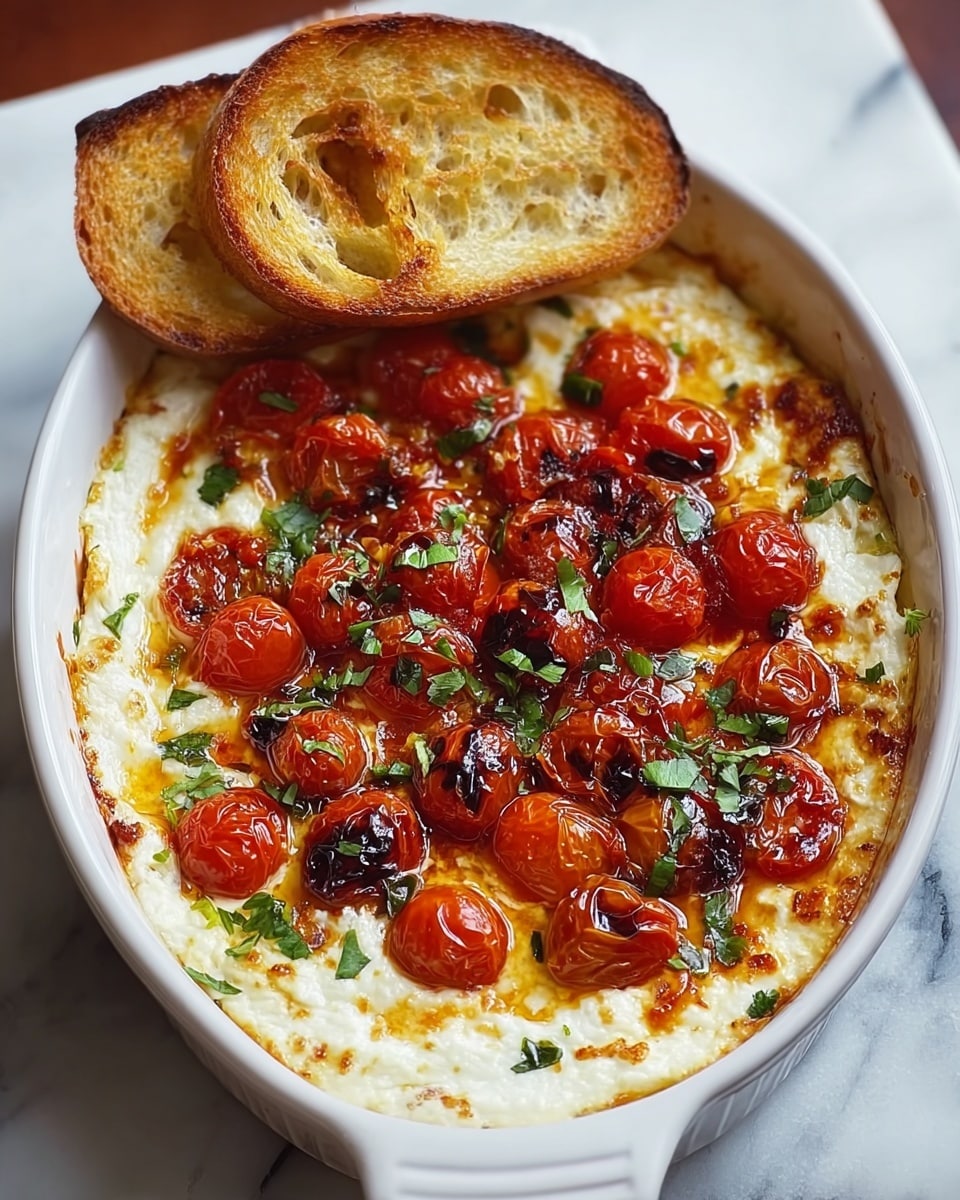 A white round baking dish holds a creamy baked cheese layer with a slightly golden edge and a bubbly texture. On top, there are roasted cherry tomatoes, some whole and some halved, with a charred, deep red surface showing caramelized spots. Scattered fresh green basil leaves add a touch of bright color, contrasting with the warm tones of the cheese and tomatoes. At the edge of the dish, there are two slices of toasted bread with a golden-brown crust and a soft white inside, resting partially over the cheese mixture. The background features a white marbled surface. photo taken with an iphone --ar 4:5 --v 7