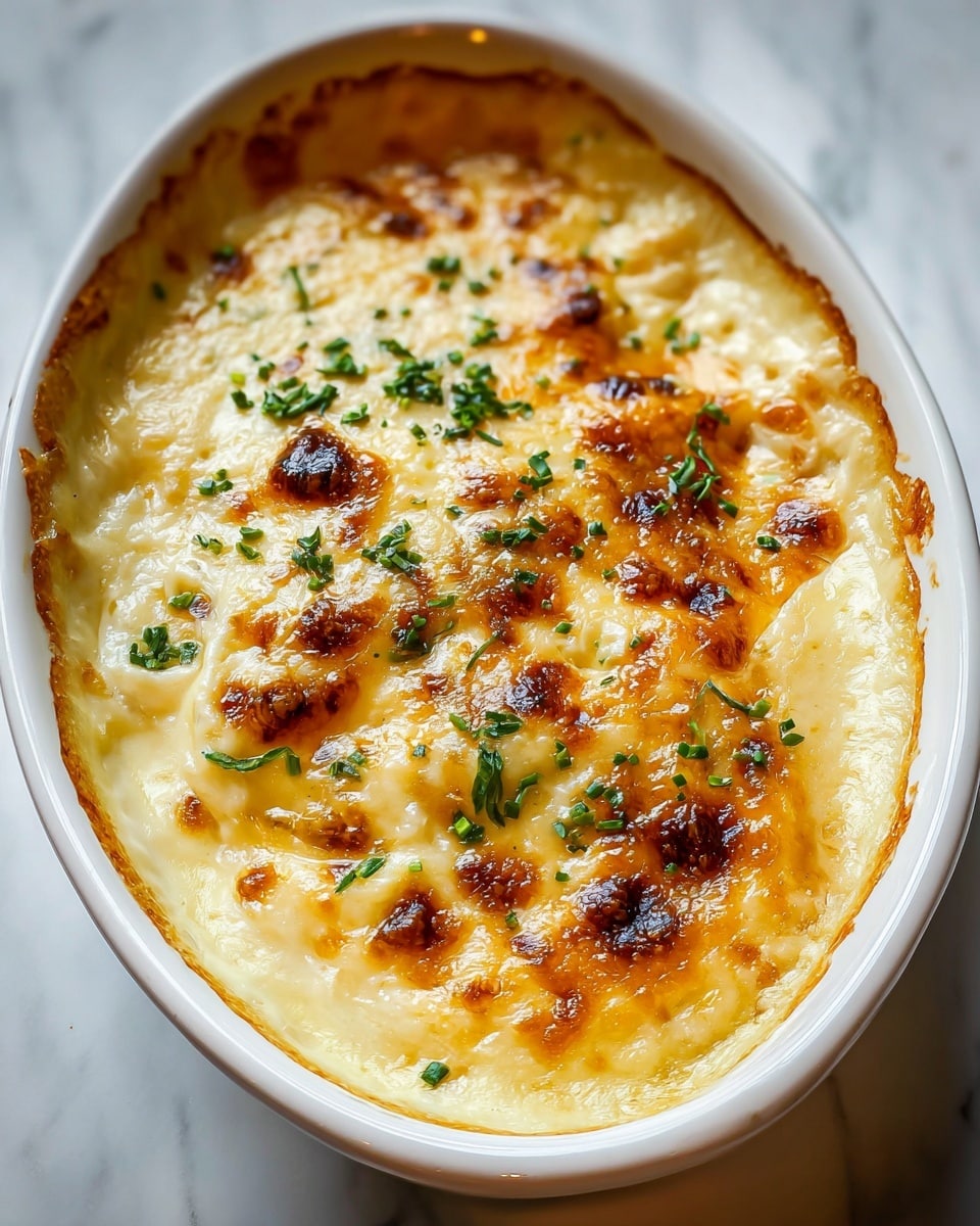 This image shows a white oval baking dish filled with a creamy, cheesy baked dish. The top layer is golden brown with spots of melted cheese that have small crispy dark brown areas and a few tiny green herb pieces scattered gently on the surface. The edges of the dish have some baked cheese stuck to the sides, showing a slightly rough texture. The dish sits on a white marbled background, giving a clean and bright look. photo taken with an iphone --ar 4:5 --v 7