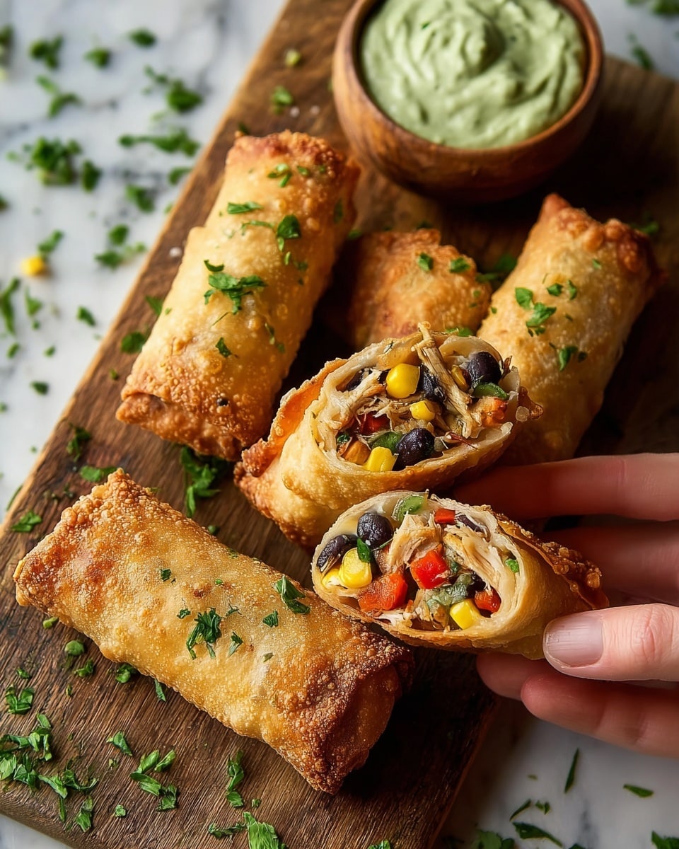 The image shows four crispy golden-brown rolled tacos garnished with chopped green herbs, arranged on a wooden board over a white marbled surface. One taco is held by a woman's hand, broken open to reveal a colorful filling with layers of shredded chicken, black beans, yellow corn, chopped red bell peppers, and green herbs, creating a mix of beige, black, yellow, red, and green colors. Next to the tacos, there is a small white bowl filled with creamy light green sauce speckled with black pepper. Photo taken with an iphone --ar 4:5 --v 7
