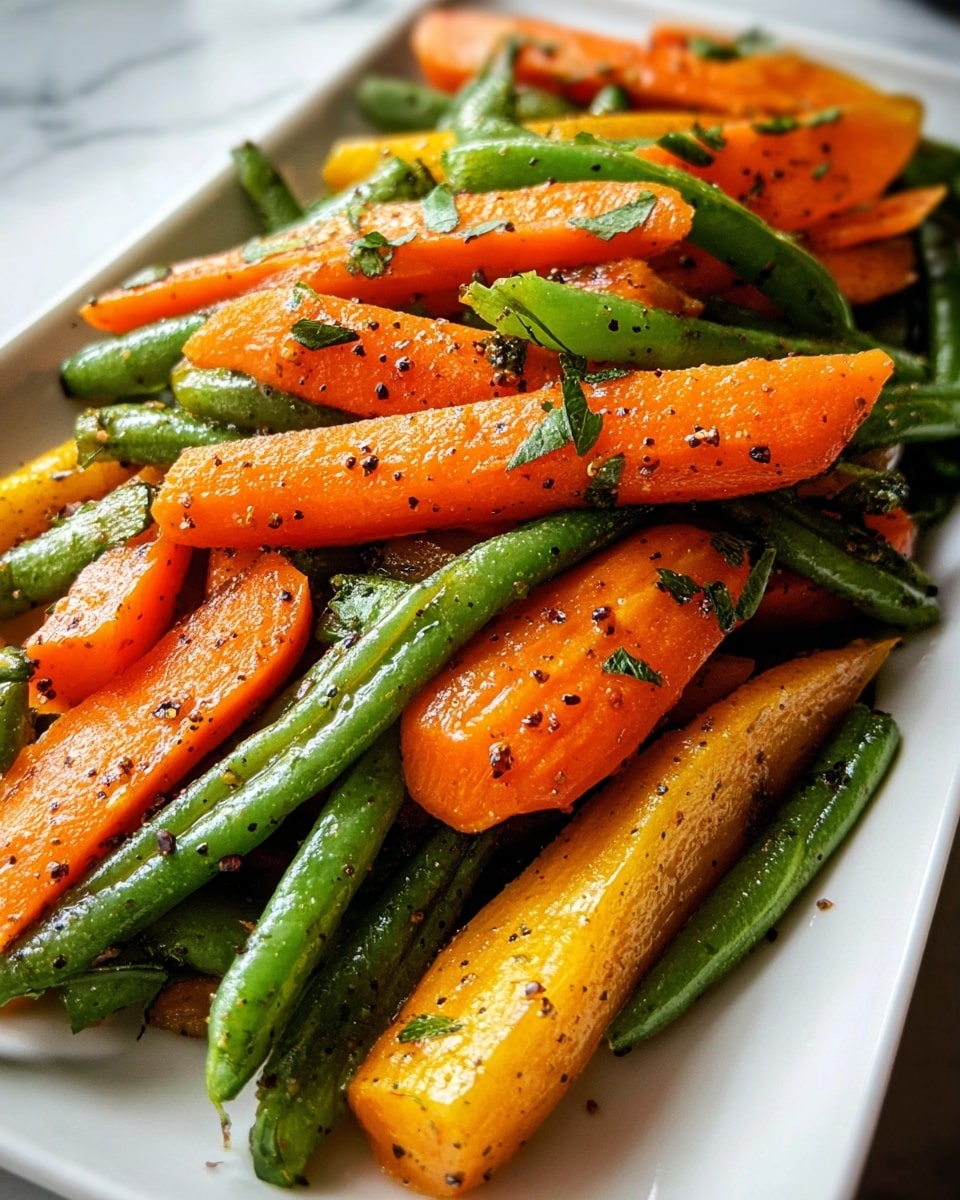 A close-up of cooked vegetables on a long white plate shows two main layers. The bottom layer features bright orange carrot sticks cut into long pieces, and the top layer consists of green beans scattered over the carrots. Both vegetables have a shiny, cooked texture with visible specks of black pepper and small green herbs, giving a slightly rough surface. The plate sits on a white marbled background, and the image focuses on the fresh, colorful, and slightly glossy look of the vegetables. photo taken with an iphone --ar 4:5 --v 7