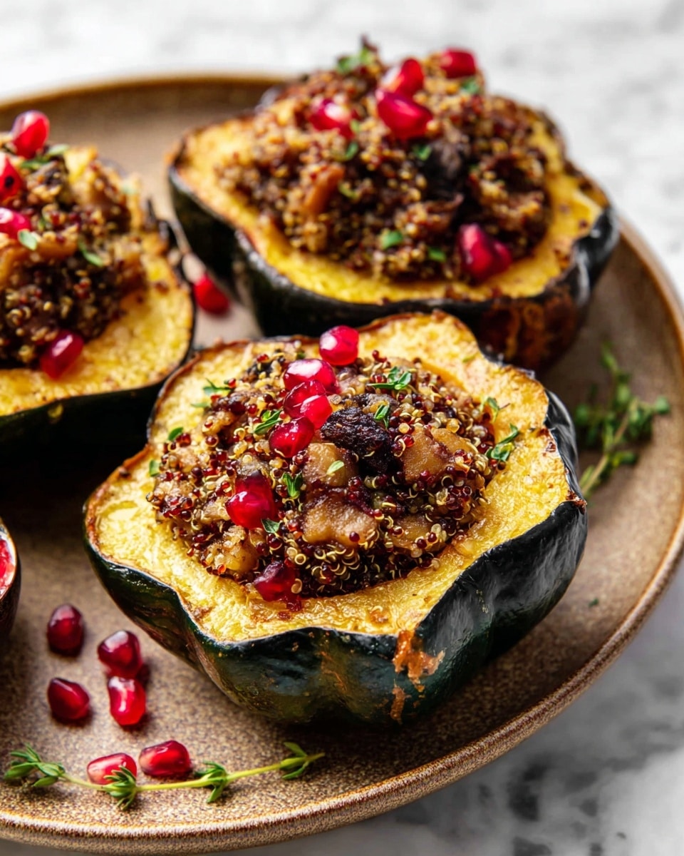 The image shows halved roasted acorn squash with three layers: the first layer is the deep green, smooth outer skin; the second layer inside is bright yellow, soft roasted squash flesh with a slightly charred edge; the top layer is a textured mix of light brown quinoa and sliced mushrooms, sprinkled with bright red shiny pomegranate seeds and small green herb leaves, all placed on a round white plate set on a white marbled surface. In the background, there is a white bowl filled with many pomegranate seeds. Photo taken with an iphone --ar 4:5 --v 7