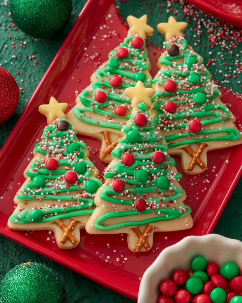 A red rectangular plate holds four Christmas tree-shaped sugar cookies, each with three layers: the base cookie is light tan and shaped like a tree, the middle layer is bright green icing piped in zigzags covering the tree, and the top layer consists of red and green candy-coated chocolates along with red, green, and white sprinkles scattered all over. Each cookie is topped with a small yellow star-shaped cookie at the tree's peak and has two thin pretzel sticks at the bottom representing the trunk. The plate sits on a textured green surface, sprinkled with extra red and green candies, and a glittery green ornament is near the bottom left. Part of a white dish holding more candies is visible on the right. photo taken with an iphone --ar 4:5 --v 7
