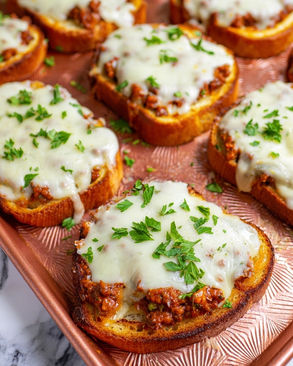 The image shows a close-up of a toasted slice of bread as the base layer, golden-brown and crispy. The second layer is a thick spread of rich, chunky chili with visible small pieces of meat and diced green peppers, sticky and glossy with a deep reddish-brown sauce. The top layer is smooth, melted white cheese spread evenly over the chili, slightly dripping down the sides. Small pieces of fresh green parsley are scattered over the cheese and on the white textured surface beneath the toast. The toast sits on a white plate with a hammered texture. photo taken with an iphone --ar 4:5 --v 7