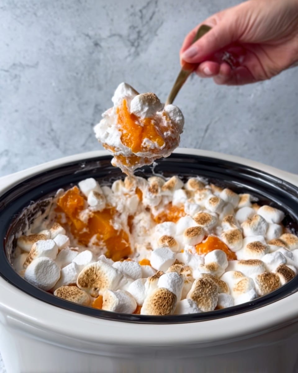 The image shows a white slow cooker filled with a dessert made of toasted marshmallows that cover the top layer, which is white and fluffy. Underneath, there are visible bright orange chunks that look soft and smooth. A woman's hand is holding a spoon, scooping a portion from the side, breaking through the white marshmallow layer to reveal the rich orange layer below. The surface background is a white marbled texture. Photo taken with an iphone --ar 4:5 --v 7