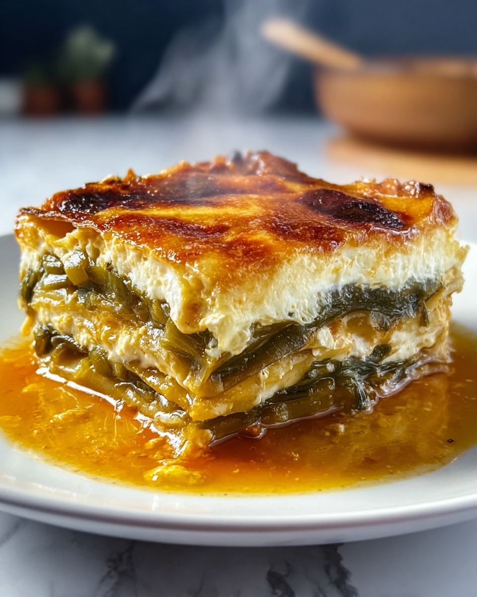 A thick square slice of lasagna sits on a white plate, showing three distinct layers of creamy white cheese alternating with cooked green spinach leaves. The top layer is golden brown and bubbly with a slightly crispy texture. Around the lasagna, a rich orange-red oily sauce pools on the plate. Steam rises gently from the hot dish, and a blurred red chili pepper is visible in the background on a white marbled surface. Photo taken with an iphone --ar 4:5 --v 7