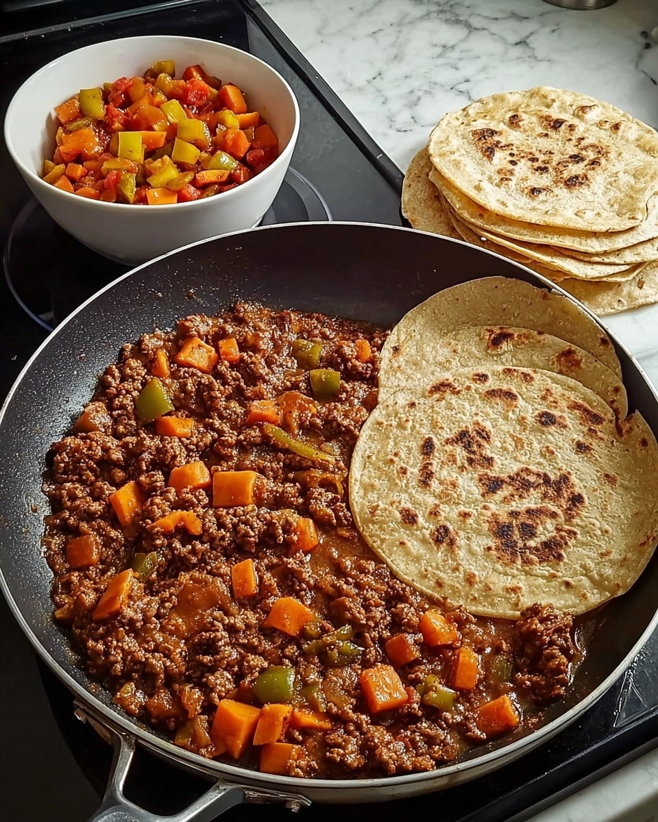 A black frying pan on a stove holds a dish with two main parts: on the left side, there is a thick mix of cooked ground meat with visible small chunks of orange carrot and green bell pepper in a brown sauce, and on the right side, a neat stack of five lightly toasted flour tortillas with brown spots rests partially overlapping the meat. In the background, a white bowl contains a colorful mix of diced cooked vegetables in orange and yellow hues. The stove and surrounding granite countertop give a homey kitchen feel. photo taken with an iphone --ar 4:5 --v 7