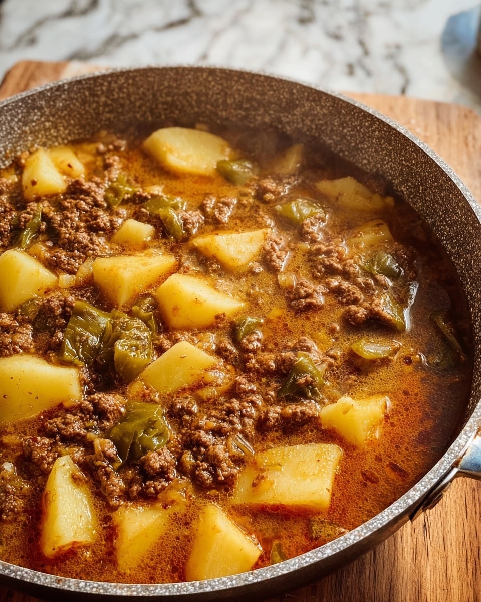 A close-up view of a shallow, speckled pan filled with a thick stew containing three main visible layers: large chunks of pale yellow potato pieces spread evenly throughout the stew, a middle layer of dark brown cooked ground meat mixed with spices, and scattered pieces of soft green peppers blending into the rich brown broth. The surface of the stew shows slight steam coming off it, highlighting the moist texture. The setting includes a wooden table with a white marbled texture background. Photo taken with an iphone --ar 4:5 --v 7