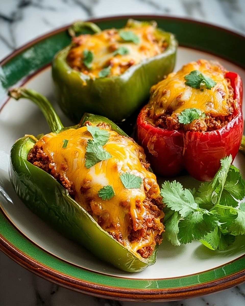 The image shows three stuffed bell peppers on a white plate with a green inner surface and a brown rim. Each pepper is halved and filled with a cooked, crumbly brown meat mixture, topped with melted golden-yellow cheese that has a slightly shiny texture. Small green herb leaves are sprinkled over the cheese. The peppers vary in color: two are green, and one is red, each with its stem intact. There is a sprig of fresh green cilantro placed beside the peppers on the plate. The background is a white marbled texture, with a blurred red bell pepper and a bowl of chopped green herbs visible. Photo taken with an iphone --ar 4:5 --v 7