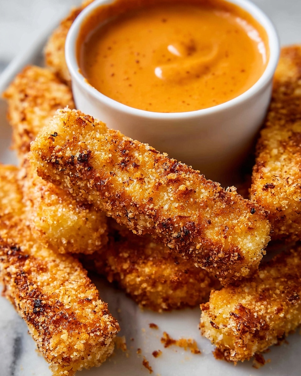 A white plate with a speckled pattern holds seven golden-brown, crispy fried sticks arranged around a small white cup filled with smooth, bright orange dipping sauce. One stick is held by a woman's hand at the top left corner, partially dipped in the sauce, revealing a soft, white inside where a bite has been taken. The fried sticks have a crunchy texture with an even coating, and a few crumbs are scattered around the plate on the white marbled surface. photo taken with an iphone --ar 4:5 --v 7