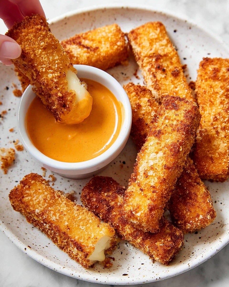 A close-up view of several crispy golden-brown breaded sticks stacked around a small white cup filled with thick, smooth orange dipping sauce. The sticks have a rough, crunchy texture with some darker toasted spots, showing a well-fried appearance. One stick is dipped halfway into the sauce. They sit on a white marbled surface with visible scattered crumbs, suggesting a crunchy bite. photo taken with an iphone --ar 4:5 --v 7