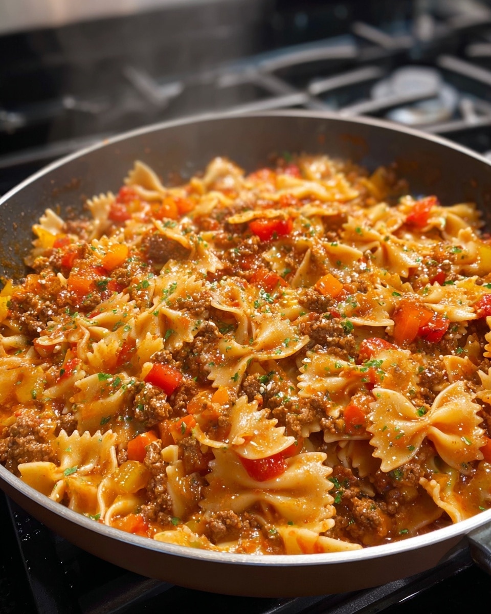 A deep white pan filled with cooked bow-tie pasta mixed evenly with ground meat, small pieces of red and yellow bell peppers, and diced tomatoes, all coated in a rich, slightly chunky reddish-orange sauce. The pasta has a firm texture with a light shine, interspersed with bits of browned ground meat and colorful vegetables adding texture and depth. A light sprinkle of green herbs is scattered across the top, blending well with the warm tones of the sauce and pasta. The pan sits on a stove, and some steam rises softly from the dish. Photo taken with an iphone --ar 4:5 --v 7