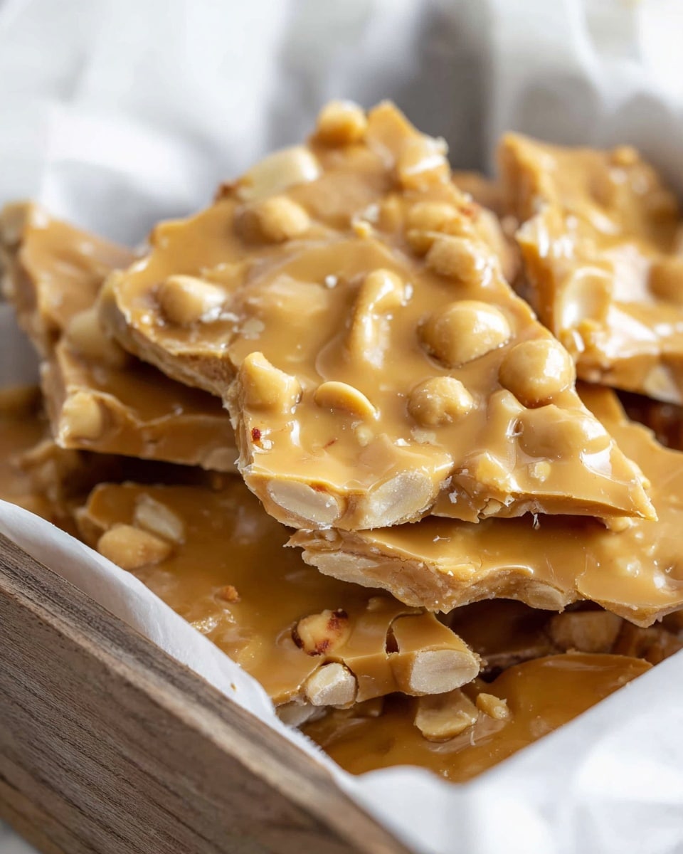 The image shows a close-up of several pieces of peanut brittle stacked in a pile inside a white parchment-lined wooden box. Each piece is thin and flat with a shiny, light golden-brown color. Whole peanuts are distributed unevenly, embedded in the brittle, creating small bumps and rough textures on the surface. The edges of the brittle pieces are irregular and slightly jagged, showing a mix of smooth and rough textures that catch the light. The background is softly blurred but appears as a white marbled texture, keeping the focus on the crunchy, sweet snack. Photo taken with an iphone --ar 4:5 --v 7