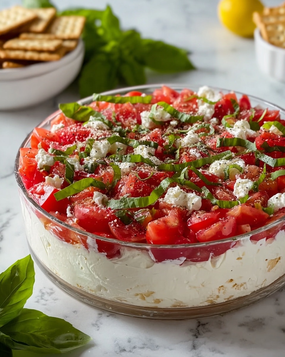 A clear glass bowl filled with three visible layers starts with a thick, creamy white base with a soft, smooth texture at the bottom. On top, there is a layer of bright red, diced tomatoes, appearing fresh and juicy, spread evenly across the bowl. Scattered liberally over the tomatoes are small white crumbles of cheese, adding texture contrast. Fresh green basil leaves, sliced thinly into strips, are sprinkled all over the top, adding a bright green color. Black pepper is lightly dusted across the entire dish. The bowl is placed on a white marbled surface, with some basil leaves and a partially cut lemon in the background, along with a white bowl containing pale crackers. Photo taken with an iphone --ar 4:5 --v 7